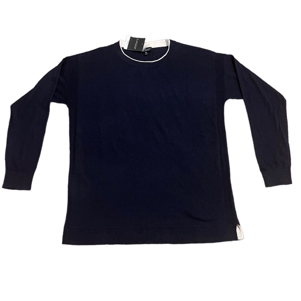 NWT Topshop Navy Blue Crew Neck Lightweight Knit Sweater Size 10 Wool Blend